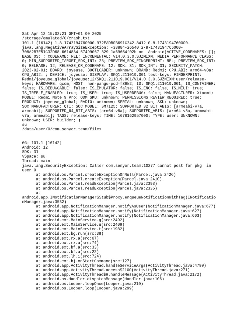 Android Crash Log: Security Exception | PDF | Android (Operating System ...