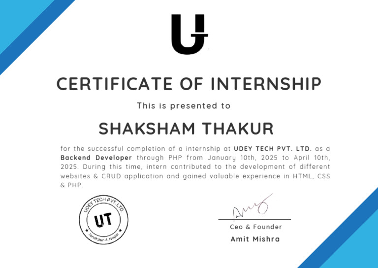 Internship Certificate for Backend Developer | PDF
