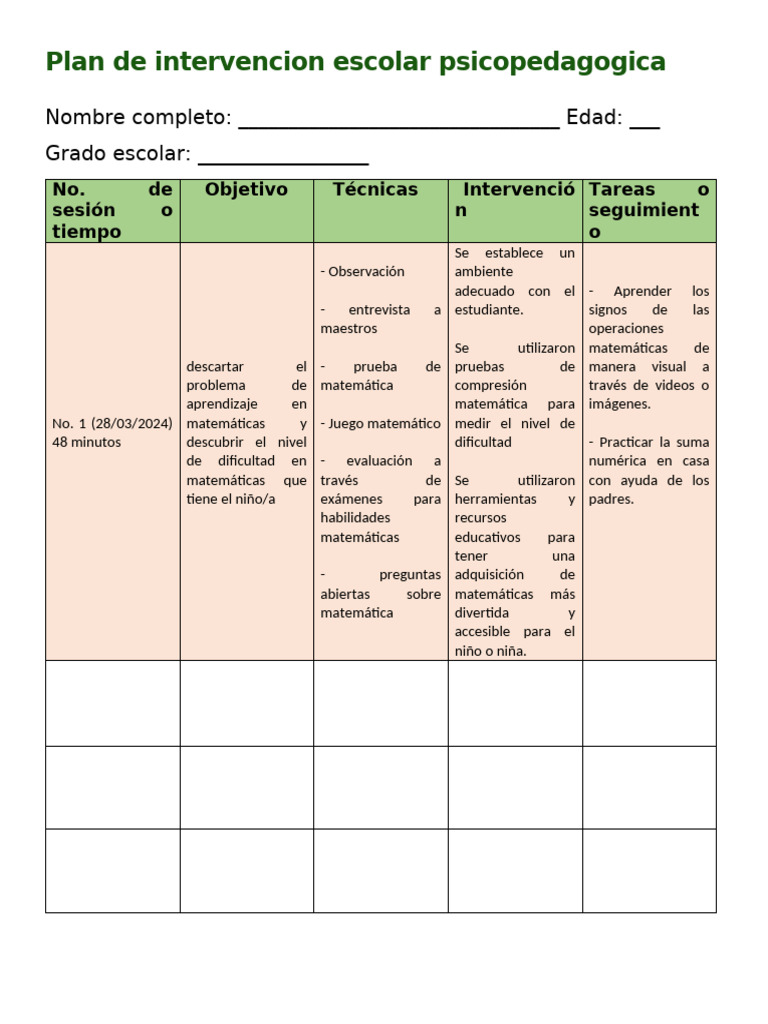 copia Plan de intervencion escolar psicopedagogica | PDF | Aprendizaje ...