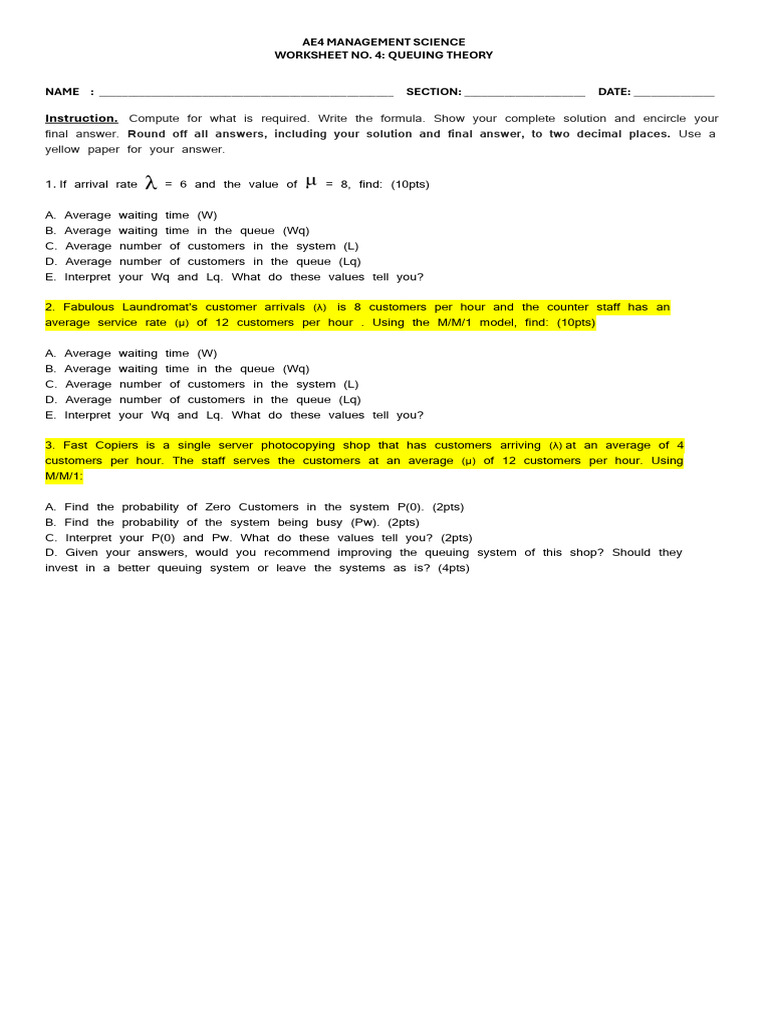 Queuing Theory Worksheet Solutions | PDF