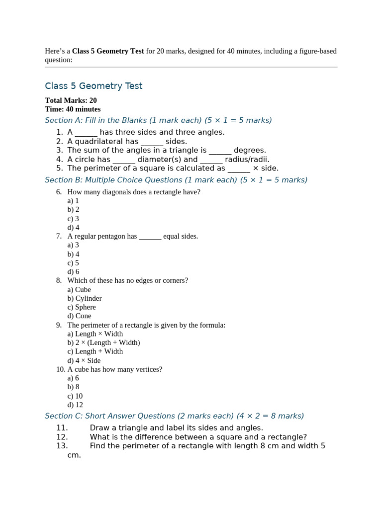 Class 5 Geometry Test with Questions | PDF