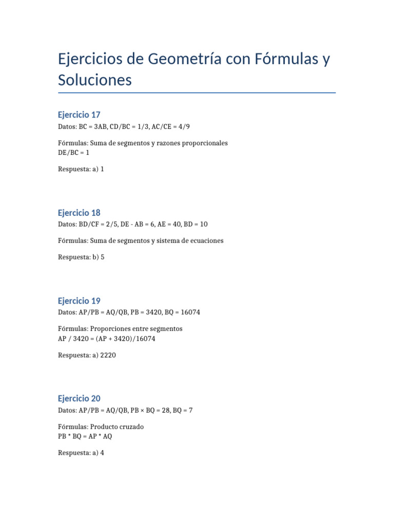 Ejercicios de Geometría: Fórmulas y Soluciones | PDF