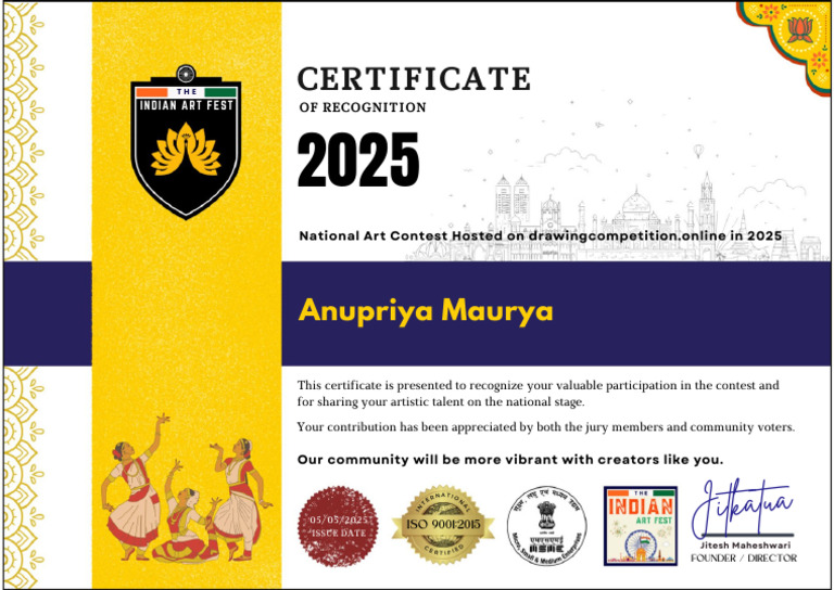 Indian Art Fest 2025 Participation Certificate | PDF