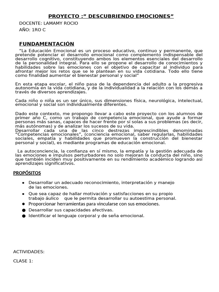 Proyecto de Educación Emocional en 1ro C | PDF | Las emociones | Empatía