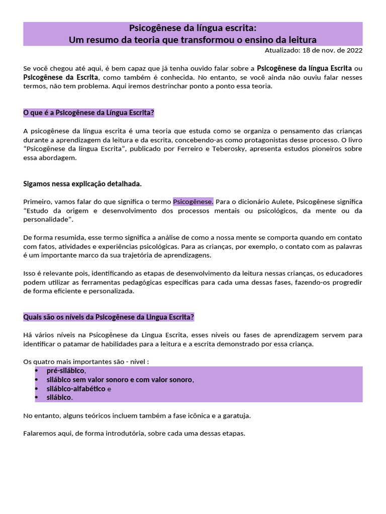 Psicogênese da Língua Escrita: Teoria e Fases | PDF | Aprendizado | Sílaba