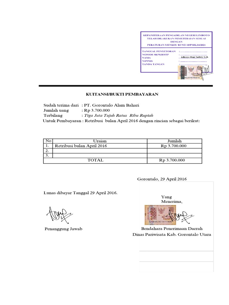 Kuitansi/Bukti Pembayaran: Tiga Juta Tujuh Ratus Ribu Rupiah | PDF