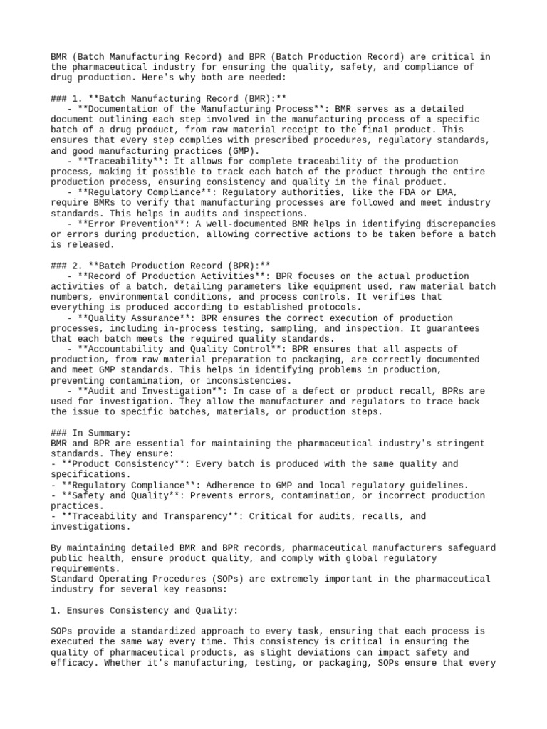 Importance of BMR, BPR, and SOPs in Pharma | PDF | Verification And ...