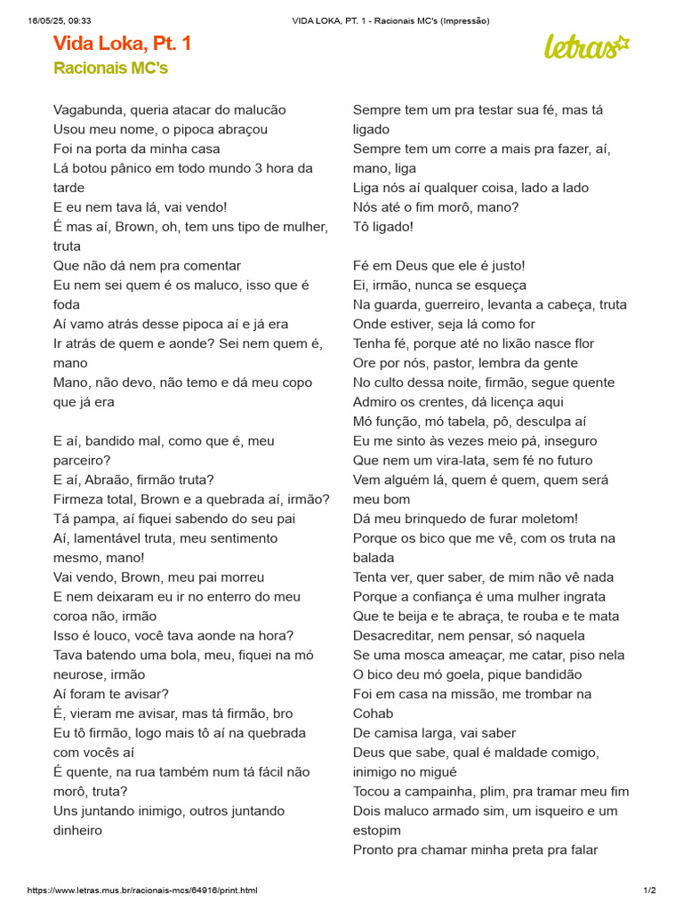Letra de Vida Loka, Pt. 1 - Racionais MC's | PDF | Fé