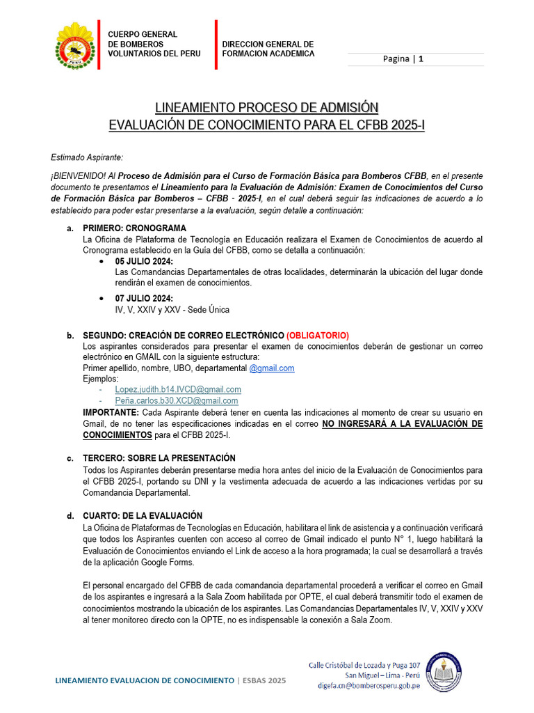 Lineamientos Examen CFBB 2025-I | PDF