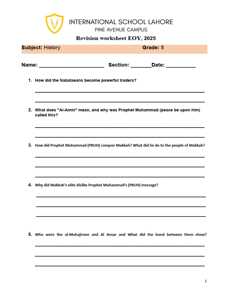 History Revision Worksheet for Grade 5 | PDF | Muhammad | Umar