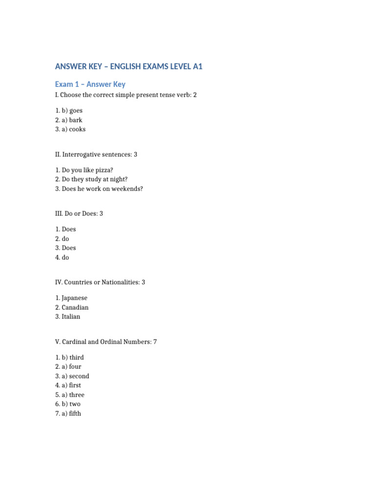 A1 English Exams Answer Key | PDF