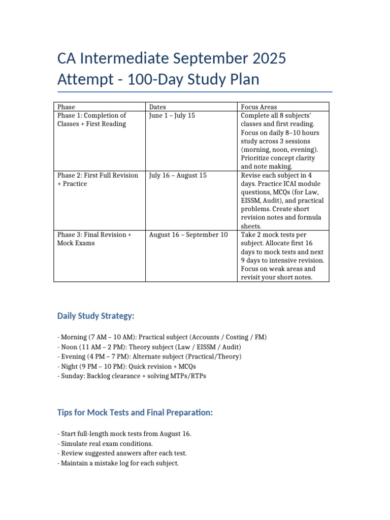 CA Inter 100-Day Study Plan for Sept 2025 | PDF