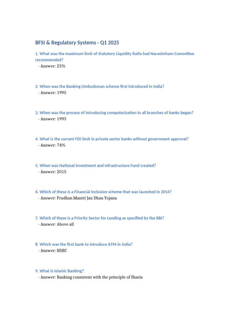 BFSI Exam Questions and Answers 2025 | PDF | Banks | Reserve Bank Of India