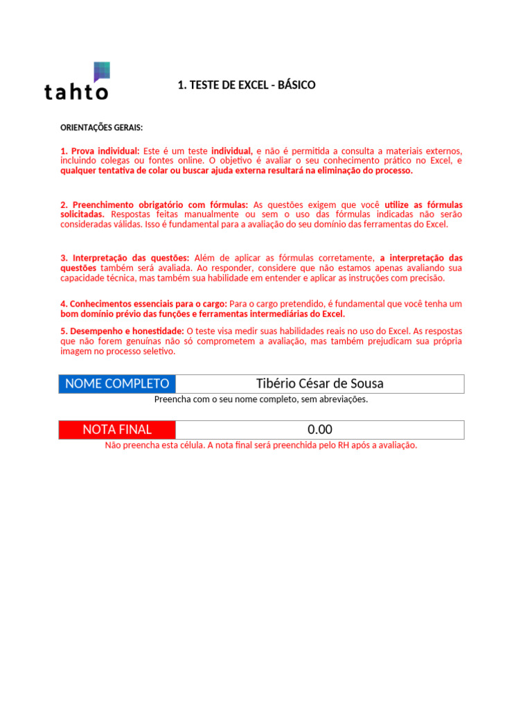 Teste de Excel - Avaliação Prática | PDF | Microsoft Excel | Informática