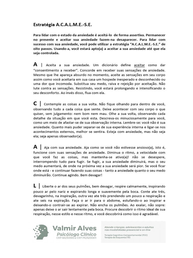 Estratégia A.C.A.L.M.E.-S.E. para Ansiedade | PDF | Ansiedade | Pensamento
