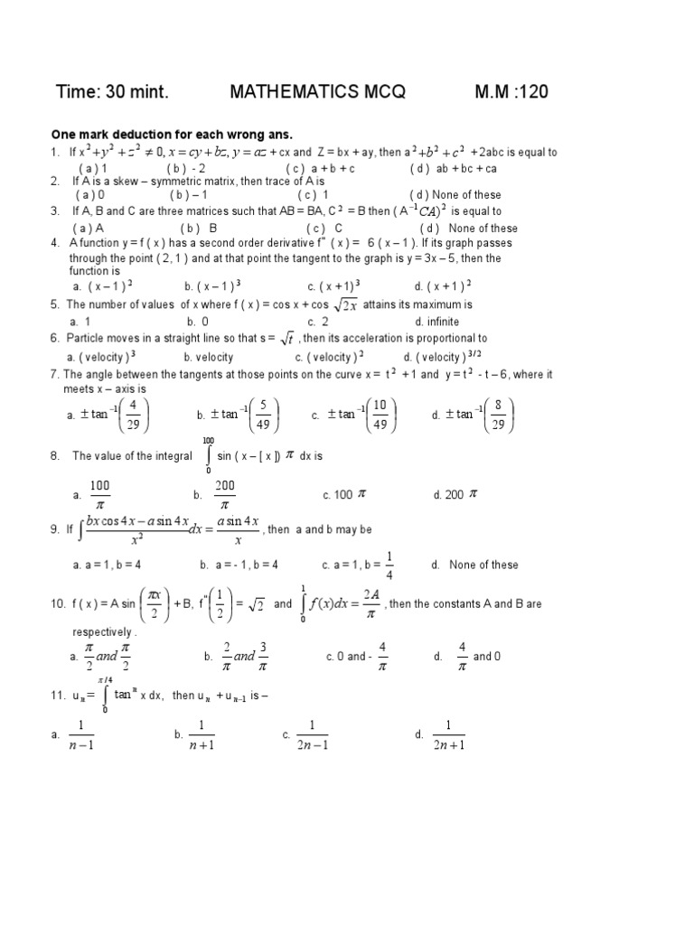 Mathematics MCQ Question Paper | PDF | Matrix (Mathematics) | Matrix Theory