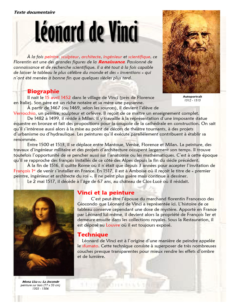 Léonard de Vinci Vie et Inventions PDF Leonard de Vinci — free download