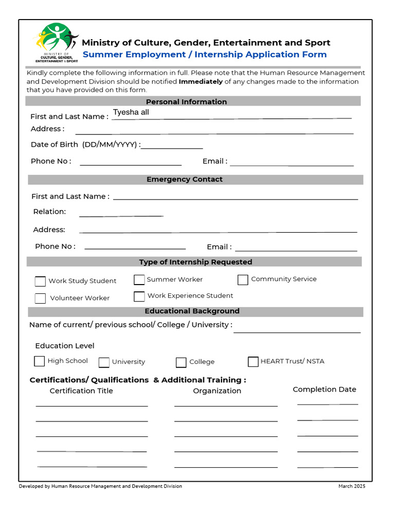 Summer Internship Application Form | PDF | Government And Personhood