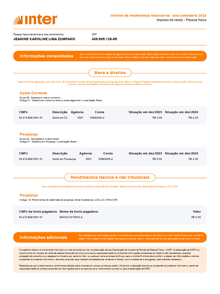 Informe de Rendimentos 2024 - Banco Inter | PDF | Salvar | Conta de ...
