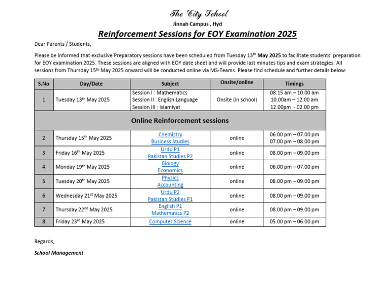 EOY Exam Prep Sessions 2025 Schedule | PDF