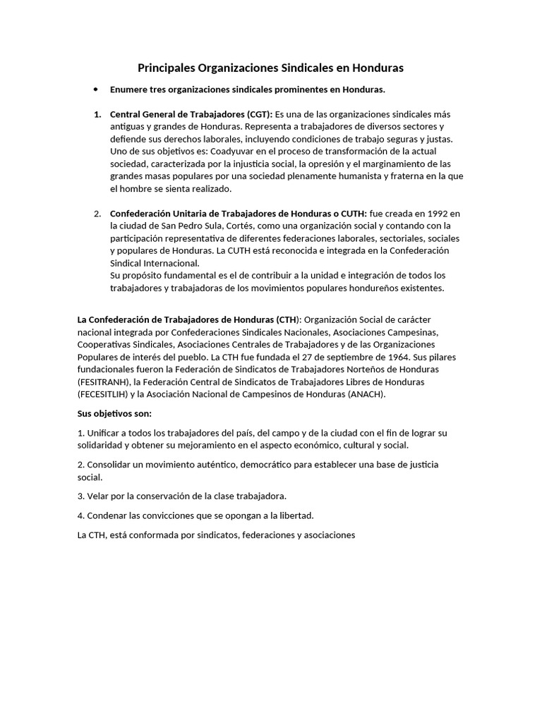 Principales Sindicatos en Honduras | PDF | Sindicato | Honduras