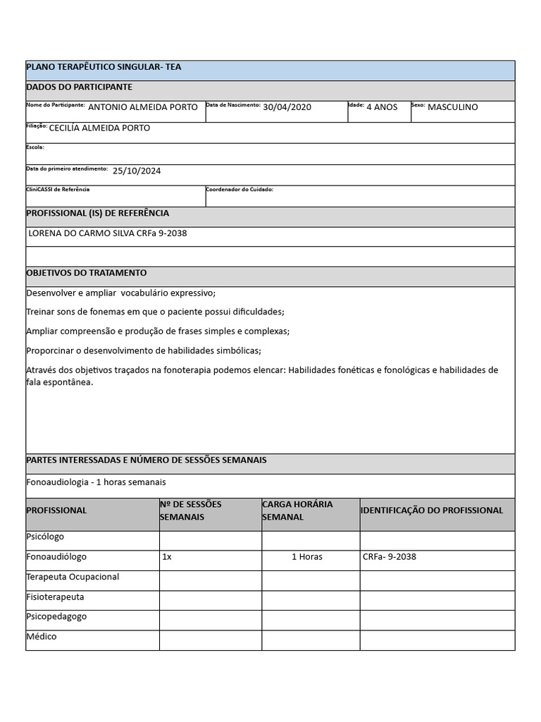 Plano Terapêutico Singular para TEA | PDF