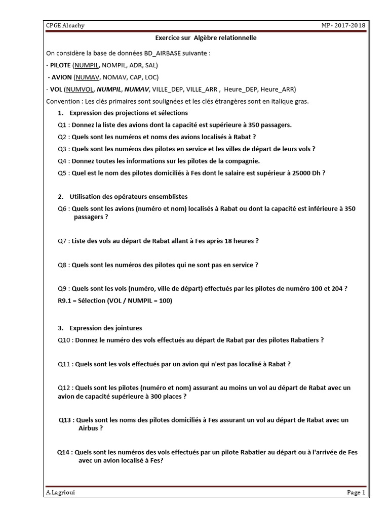 Exercices d'Algèbre Relationnelle CPGE | PDF | Bases de données ...