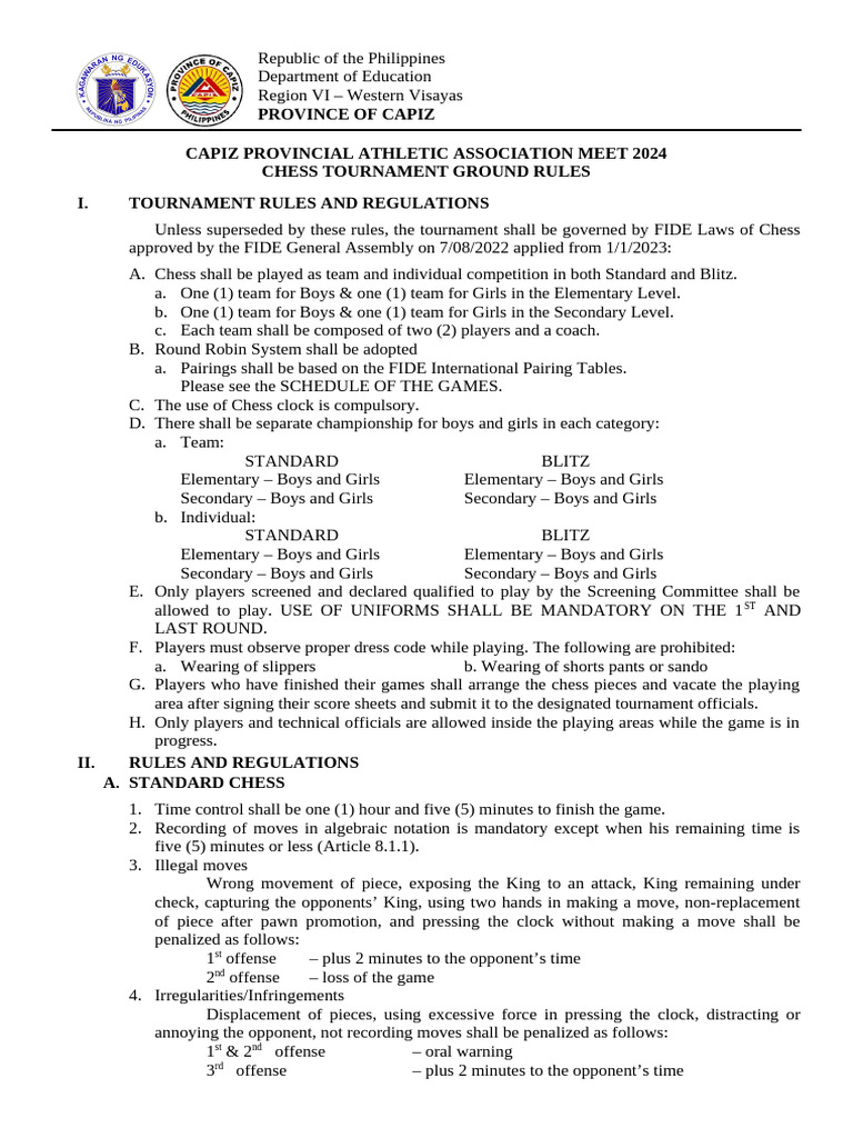 Capiz Chess Tournament Rules 2024 | PDF | Chess | Traditional Board Games