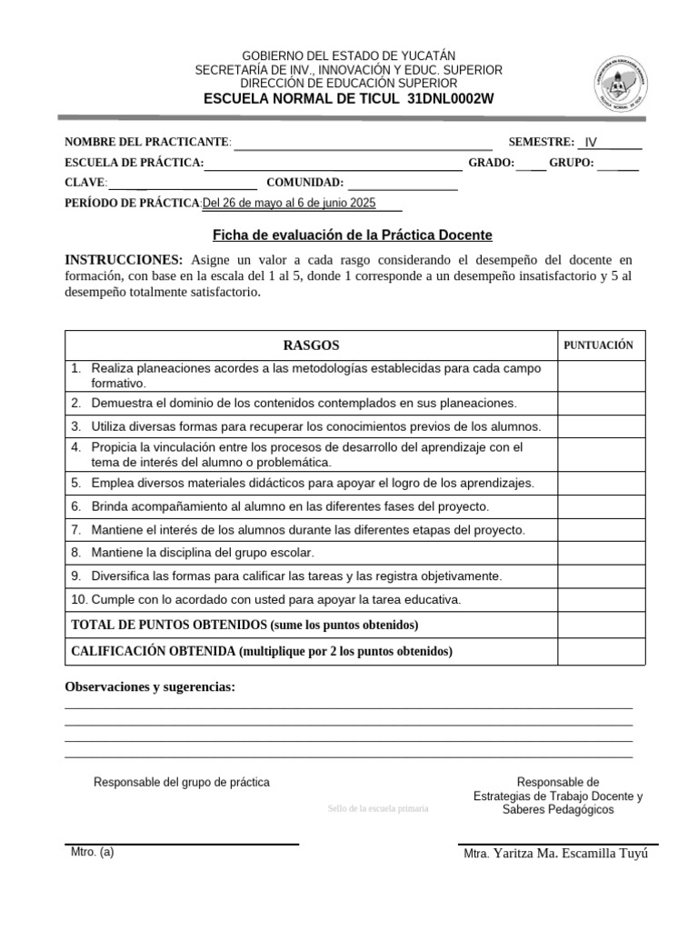 Ficha de Evaluacion de La Practica Docente | PDF | Maestros | Cognición
