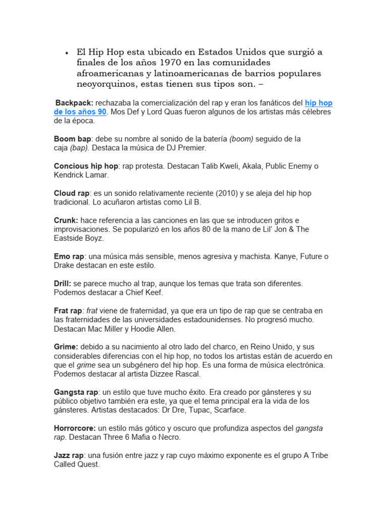 Tipos y características del Hip Hop | PDF | Música hip-hop | Escenas ...
