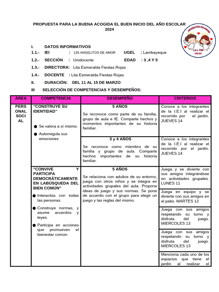 PROPUESTA PARA LA BUENA ACOGIDA EL BUEN INICIO DEL AÑO ESCOLAR 2024 ...