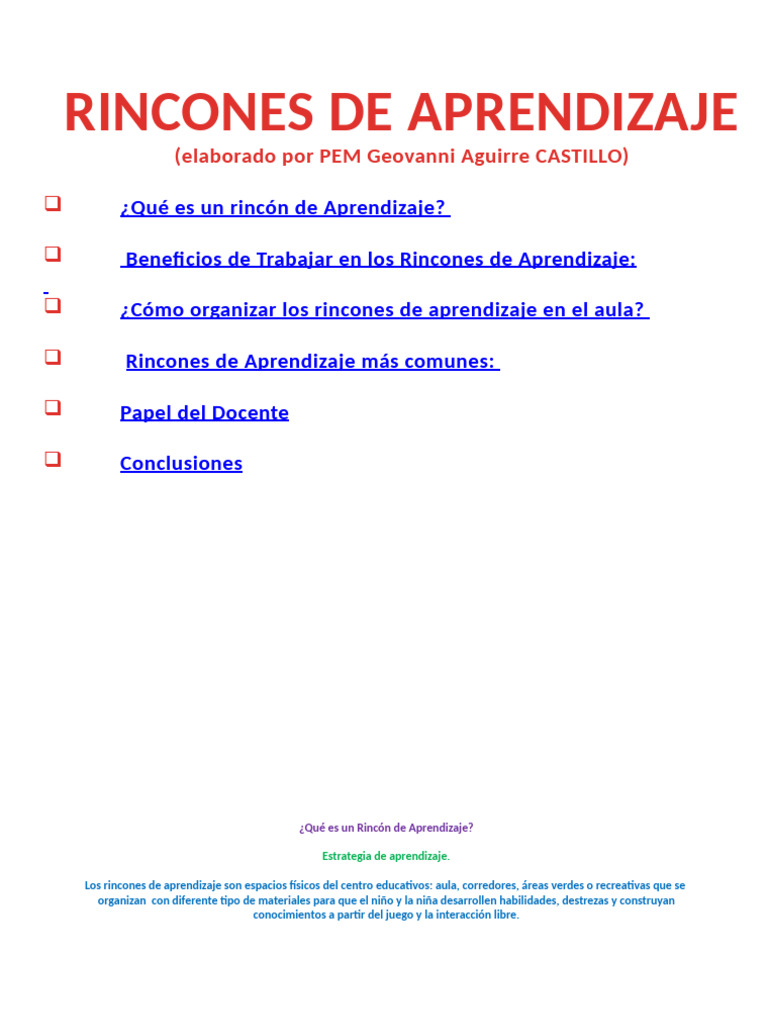 Rincones de Aprendizaje | PDF | Aprendizaje | Salón de clases