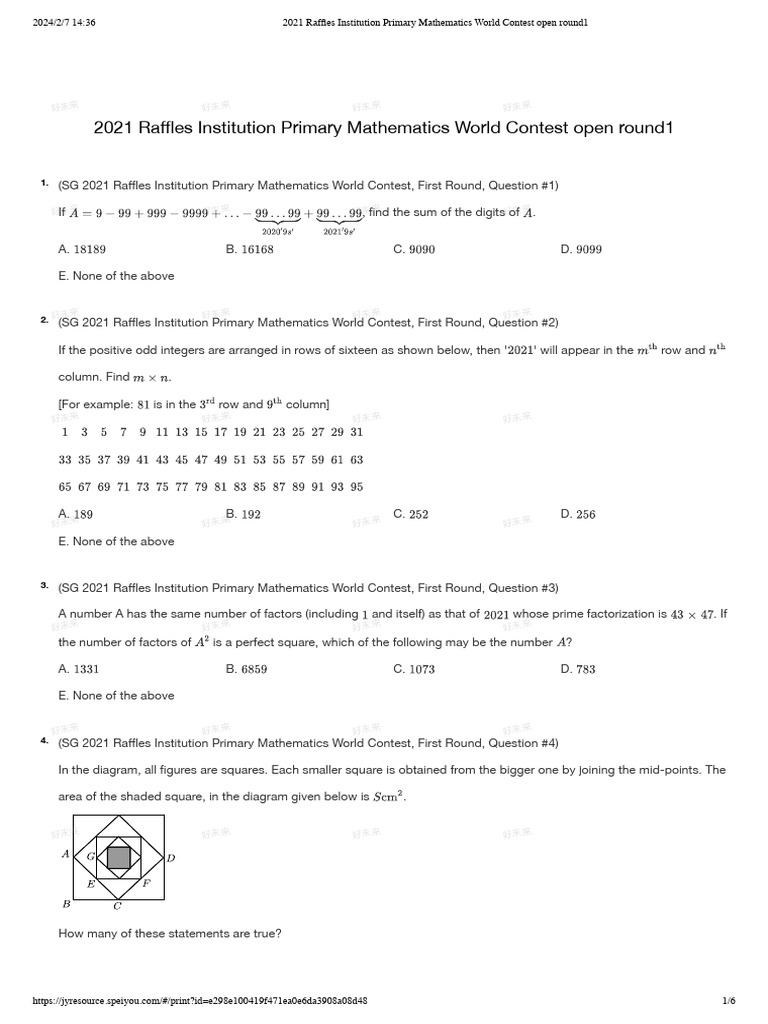 2021 Raffles Primary Math Contest Questions | PDF | Elementary ...