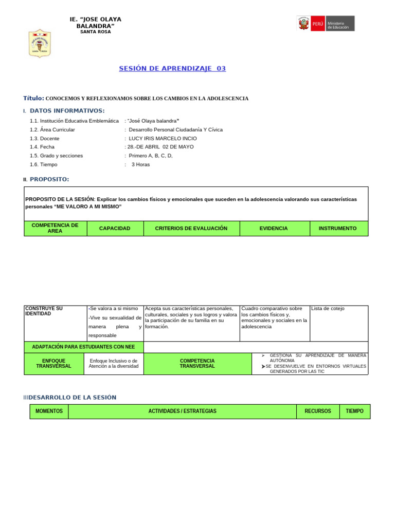 Sesion 03 de DPCC Mayo | PDF | Adolescencia | Aprendizaje