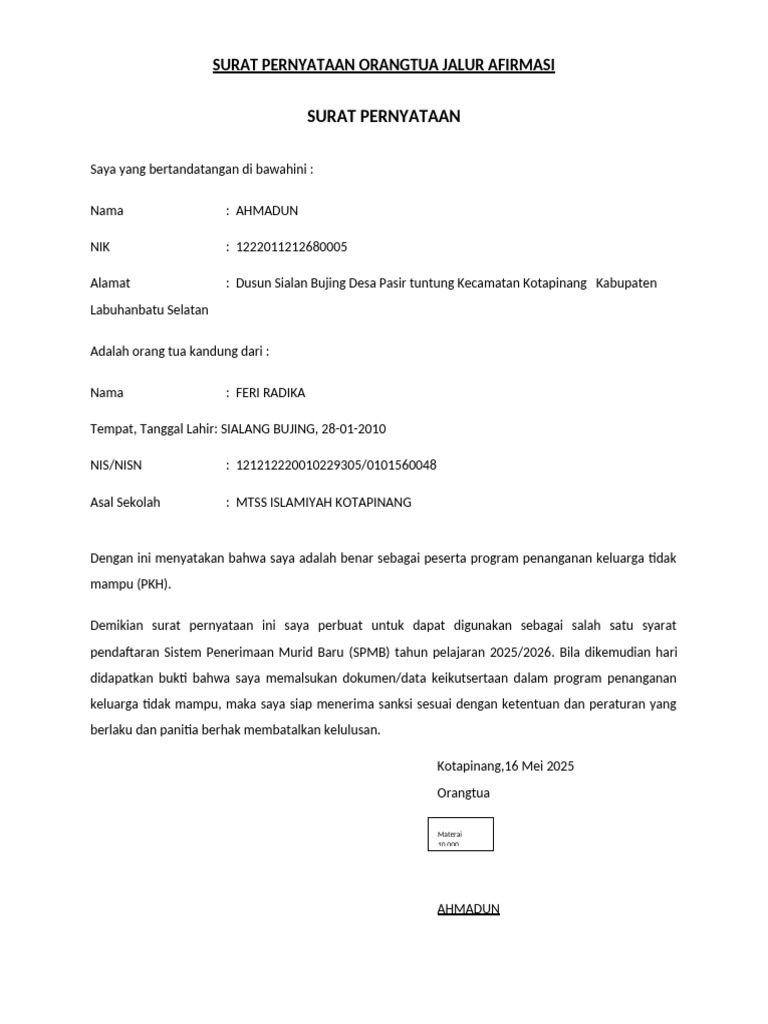 Surat Pernyataan Jalur Afirmasi SPMB | PDF