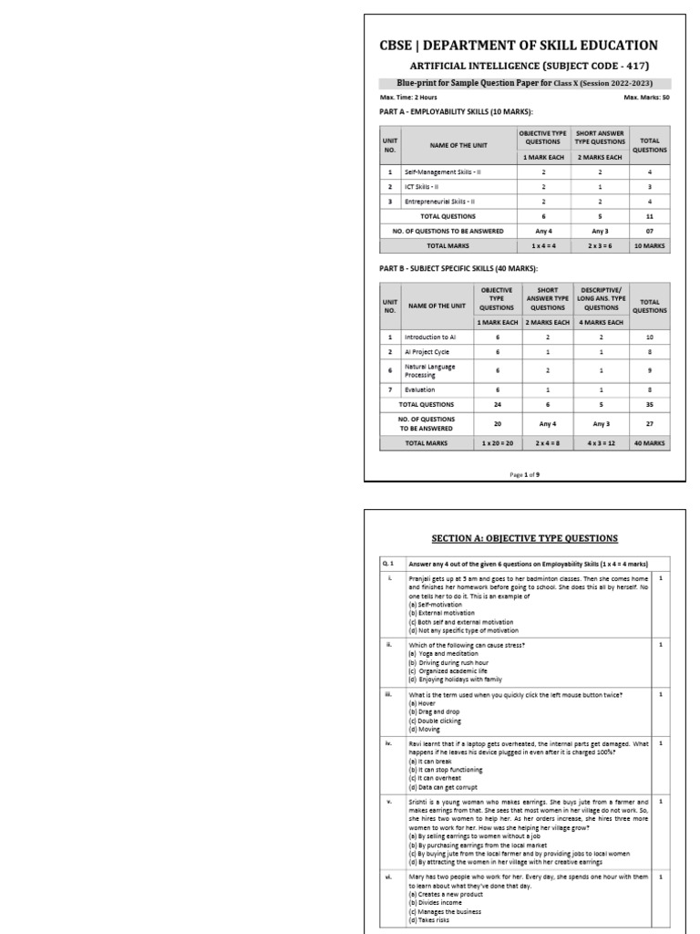 Class 10 AI Sample Question Paper 2025 | PDF | Artificial Intelligence ...