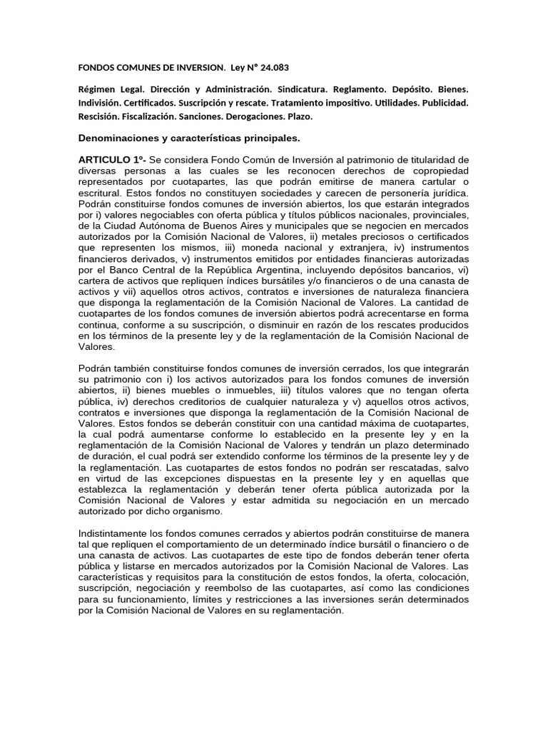 Derecho Bancario (Ley de Los Fondos Comunes de Inversion) | PDF | Fondo ...