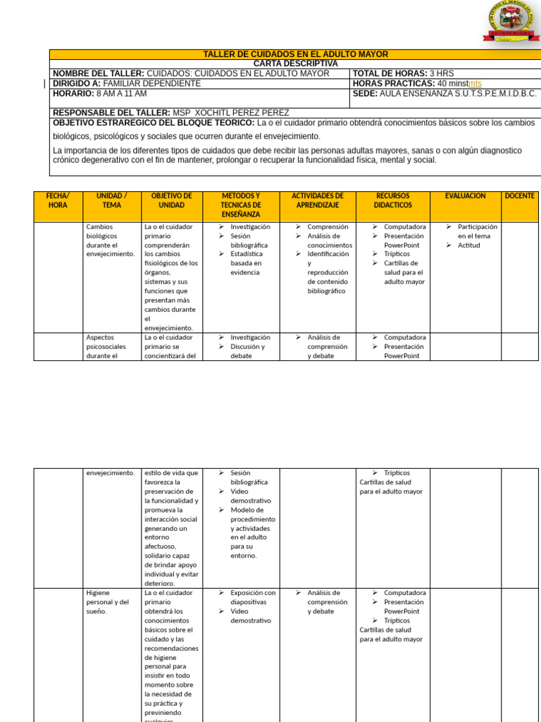 Taller de Cuidados para Adultos Mayores | PDF | Envejecimiento | Vejez