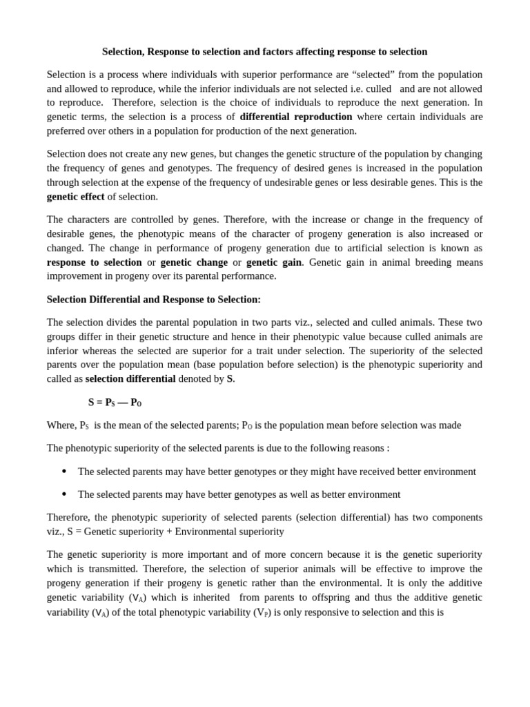 Response To Selection | PDF | Natural Selection | Heritability