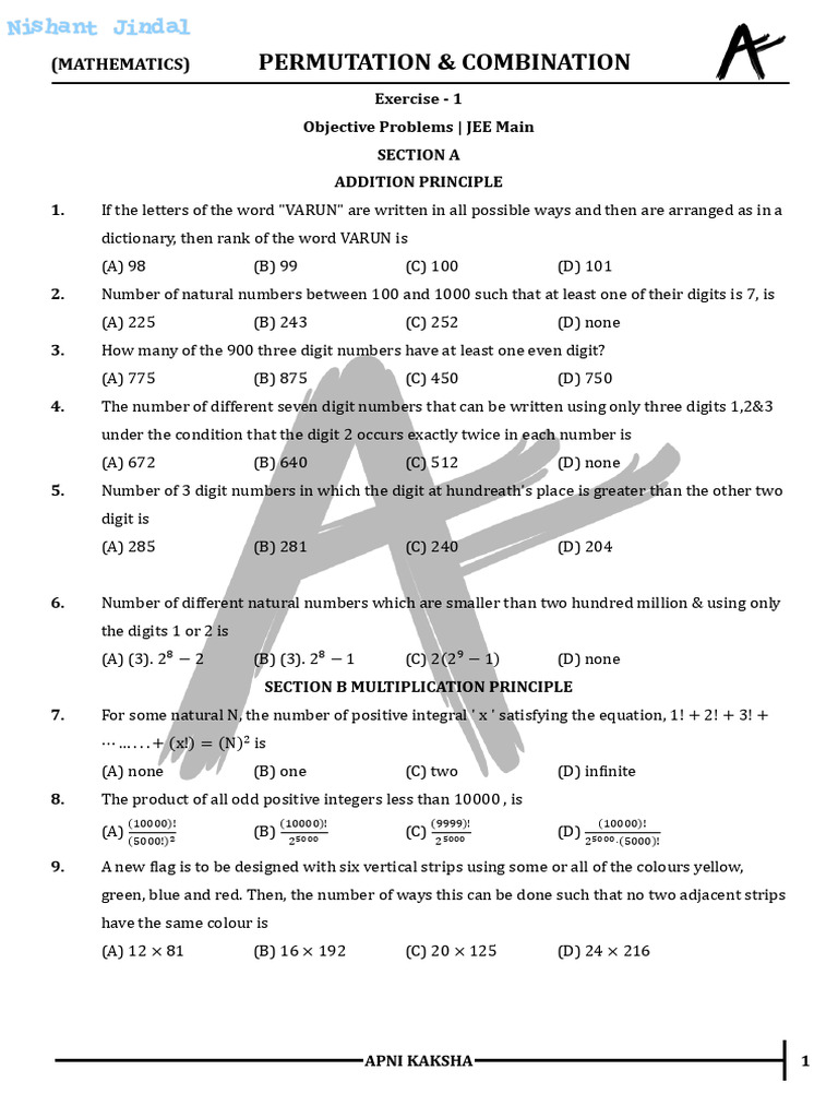 JEE Main: Permutation & Combination Exercises | PDF | Permutation ...