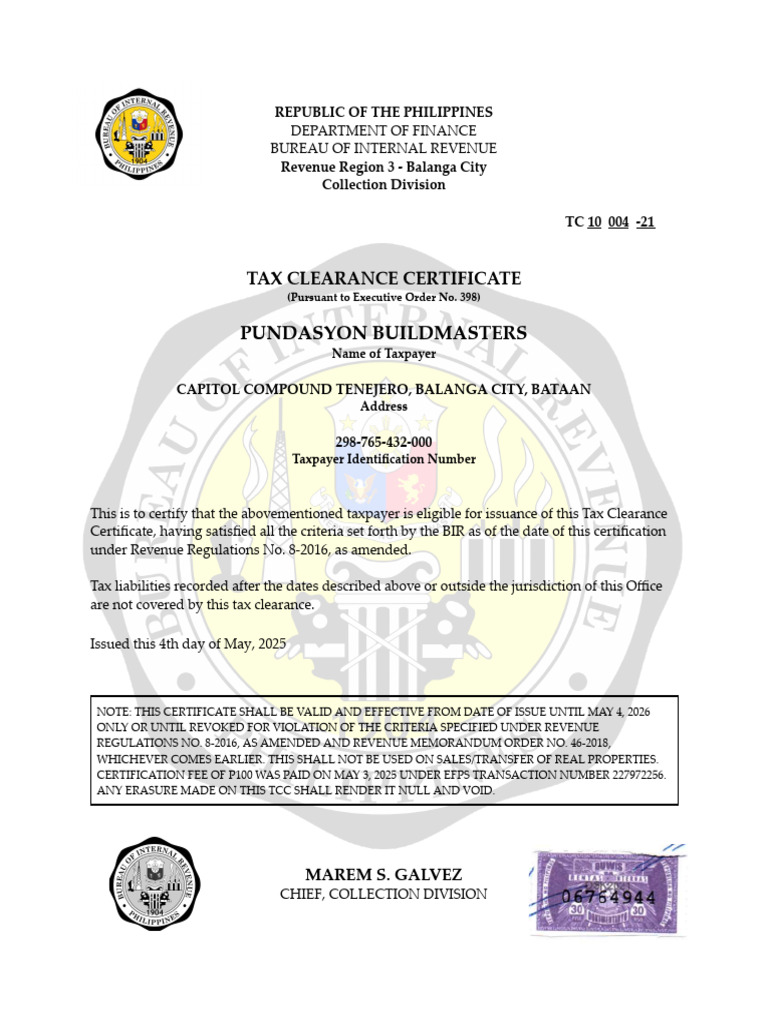 Tax Clearance Certificate for Pundasyon Buildmasters | PDF