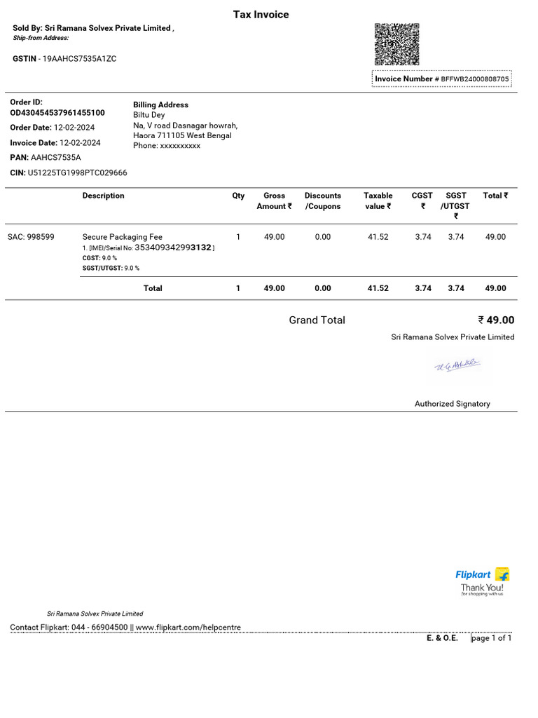 Invoice for Motorola G34 Purchase | PDF | Taxes | Payments