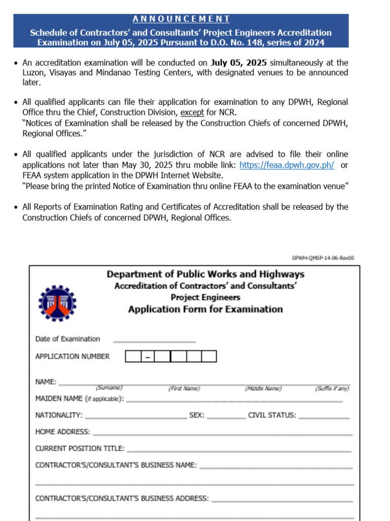 DPWH Project Engineers Exam Announcement | PDF | Privacy | Computer ...