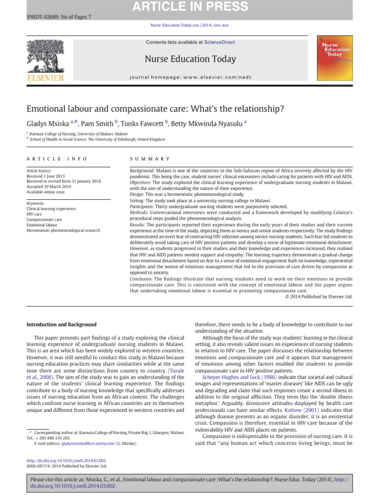 Emotional Labour in Nursing Care | PDF | Compassion | Emotions