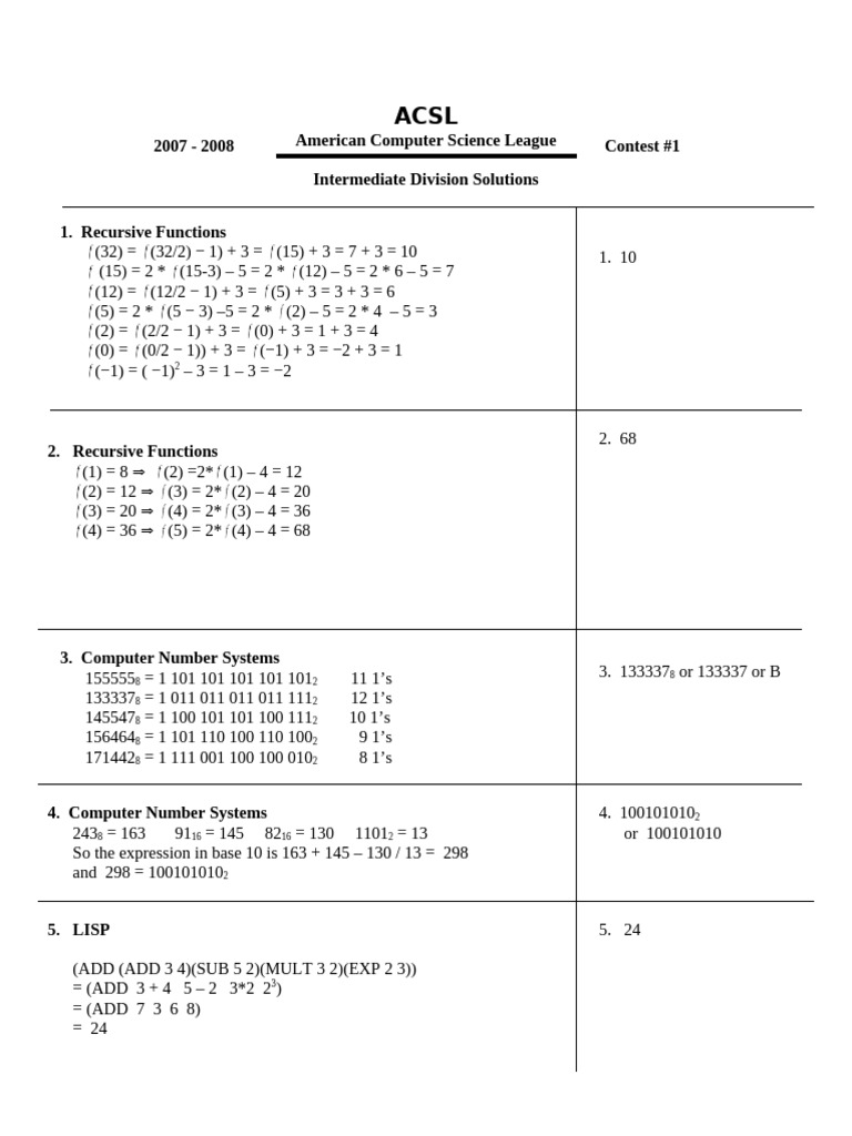 ACSL 2007-2008 Intermediate Solutions | PDF