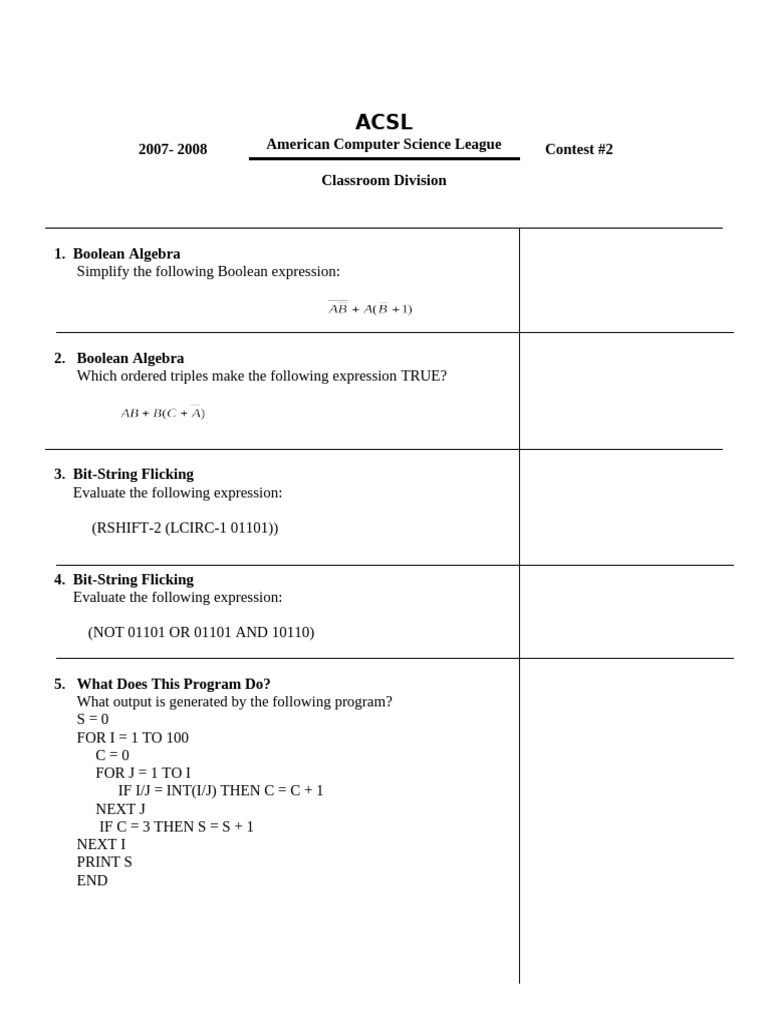 ACSL 2007-2008 Contest #2 Solutions | PDF