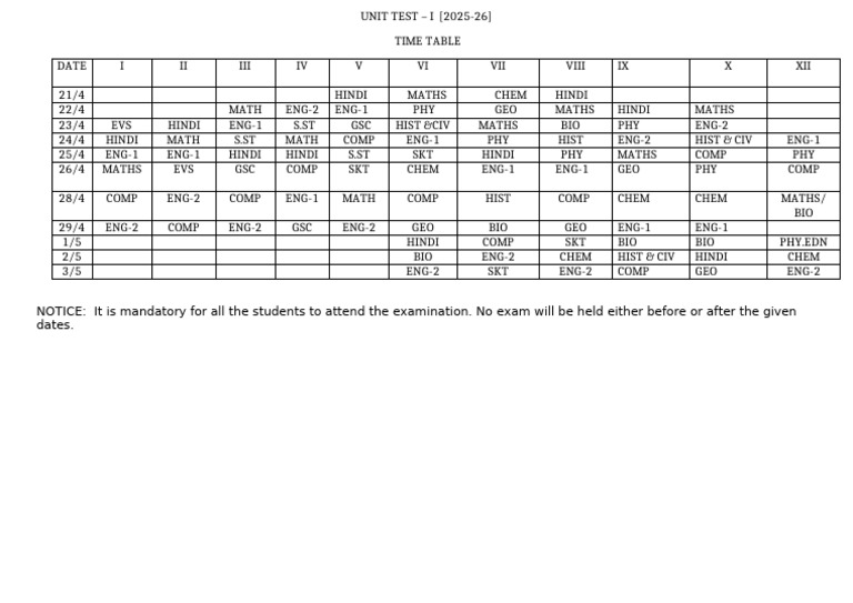 UT-I Timetable for Classes 6-8 | PDF