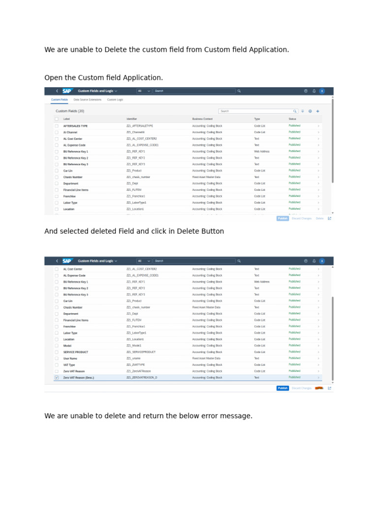 Unable to Delete Custom Field Error | PDF