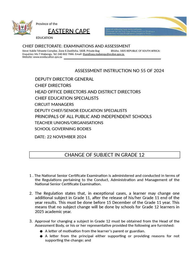 Grade 12 Subject Change Guidelines 2024 | PDF | Teachers | Learning