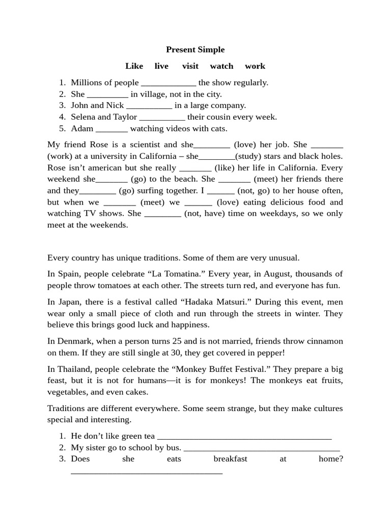 Present Simple Tense Exercises | PDF